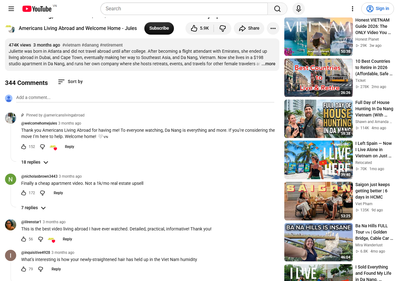 Ảnh chụp phần bình luận video I Live in Da Nang for 198 USD a month, thấy rõ bình luận được hưởng ứng nhiều nhất