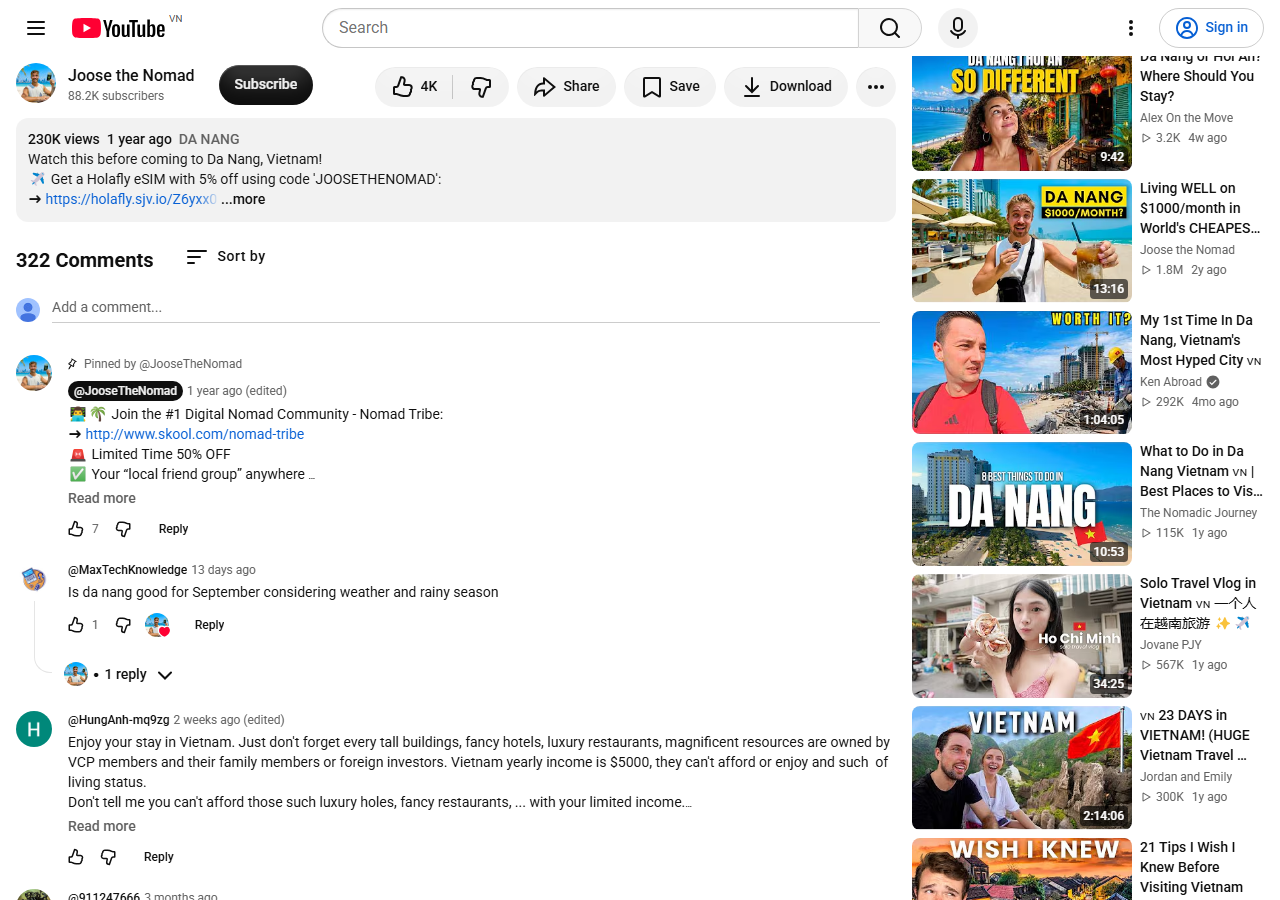 Ảnh chụp phần bình luận video 7 Things I Wish I Knew BEFORE Visiting Da Nang